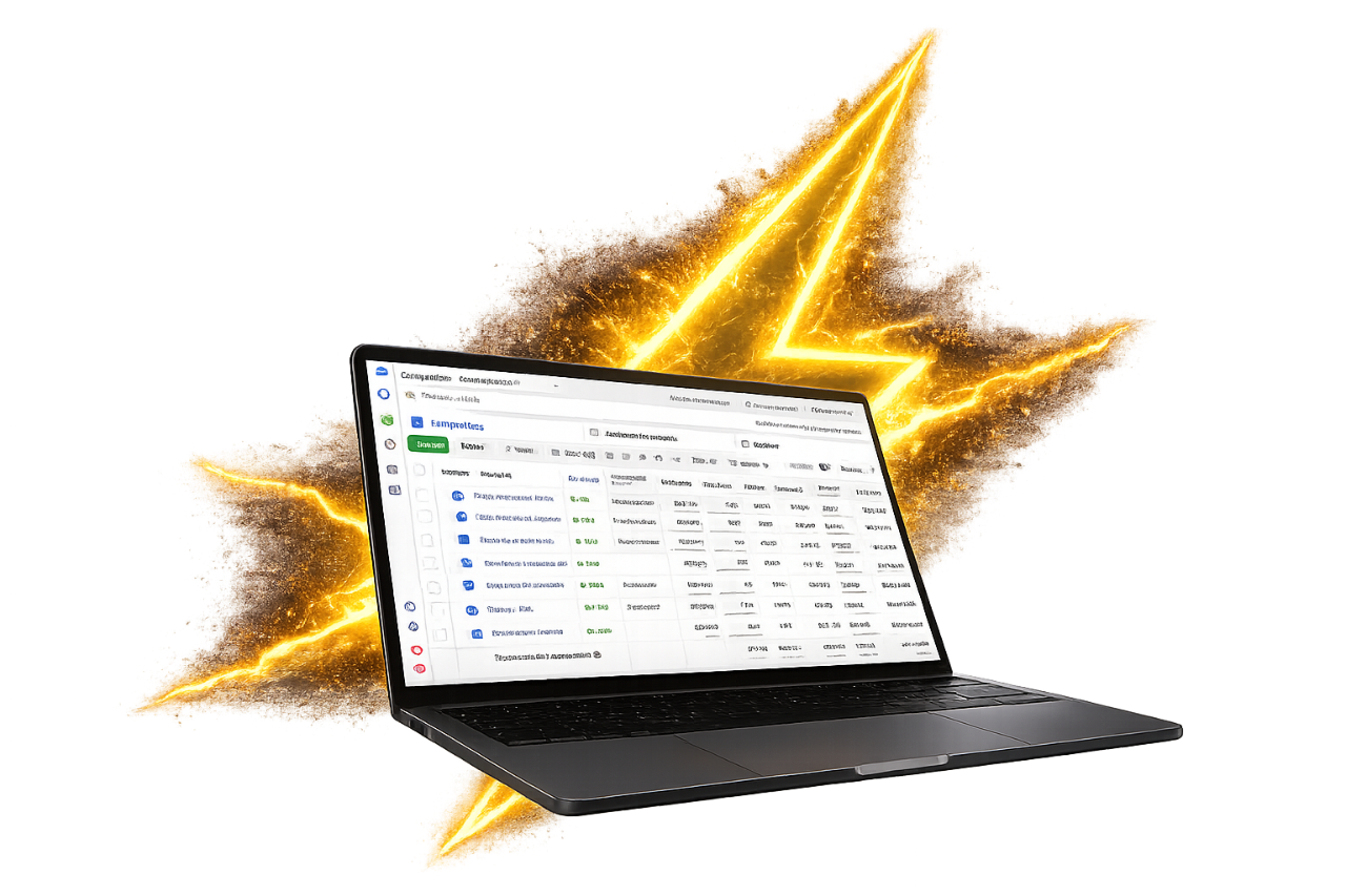 Notebook com painel de campanhas Meta Ads e raio amarelo